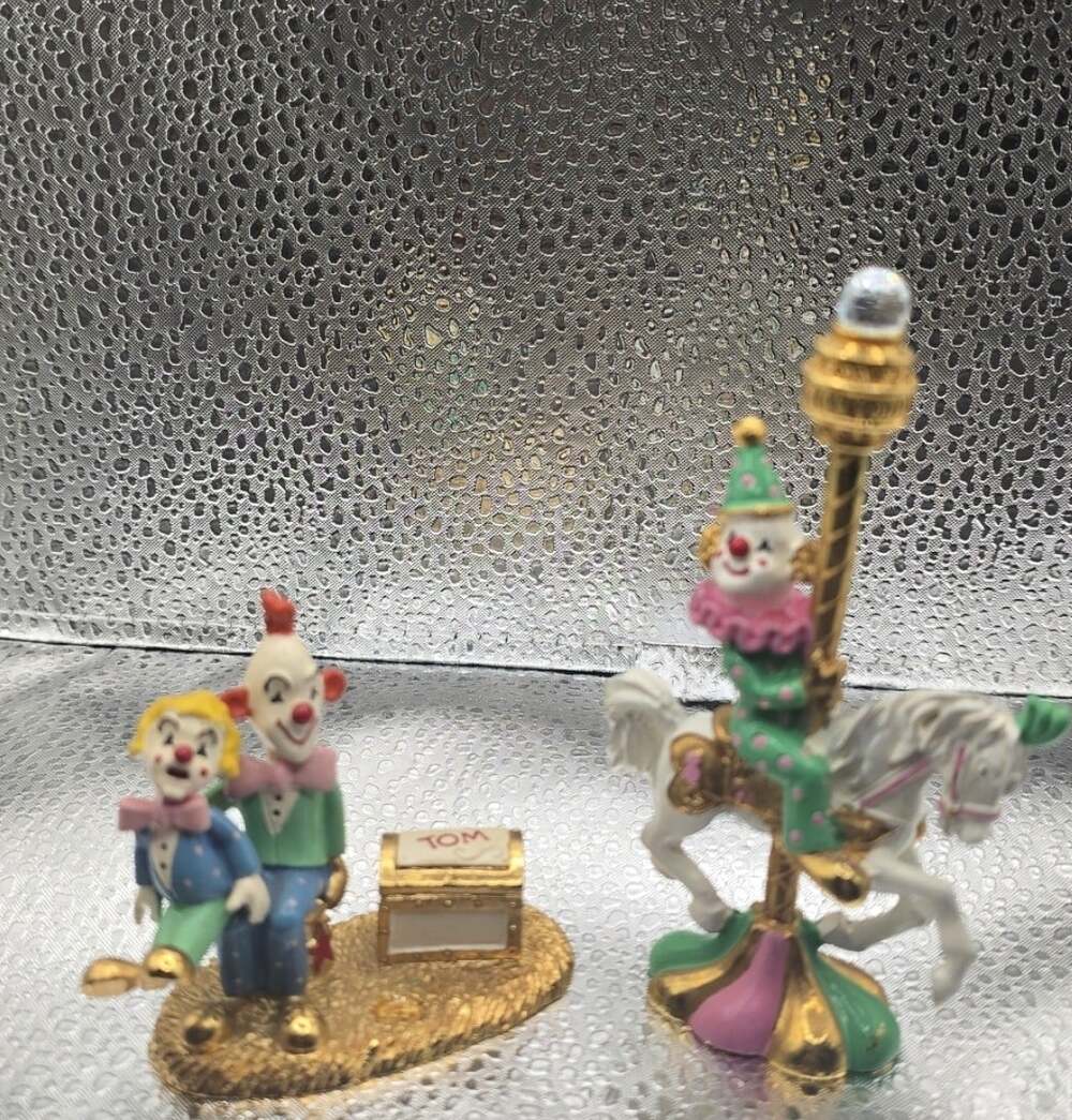 Spoontiques VTG 2 Pewter Gold Plated Clown Figurines Swarovski Crystals Carousel